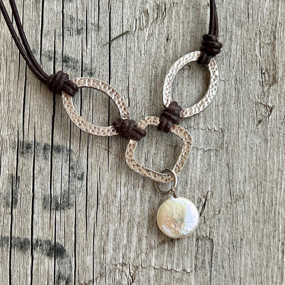 Silpada N1257 Brown Leather Coin Pearl Necklace Sterling Silver .925